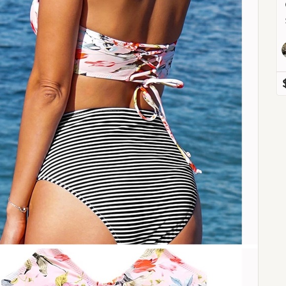 Cupshe bikini. High waisted black & white stripe bottom and pink floral top - Picture 2 of 16